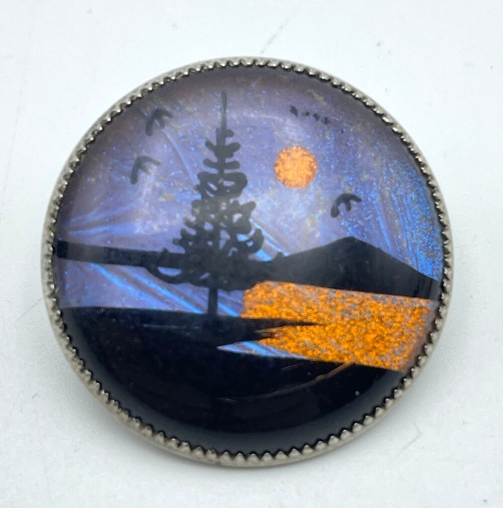 Authentic Handmade Butterfly Wing Pin 1" Nature Scene Tree Lake Mountain Vintage